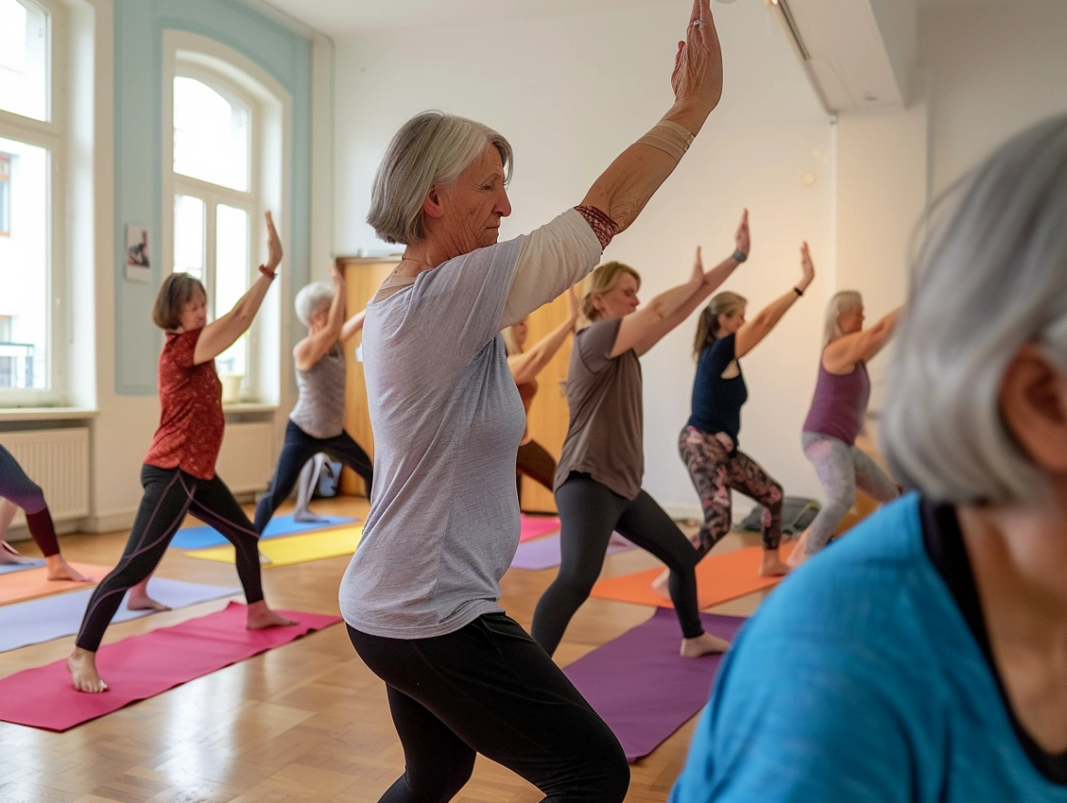 Група пенсіонерів вивчає базові пози йоги