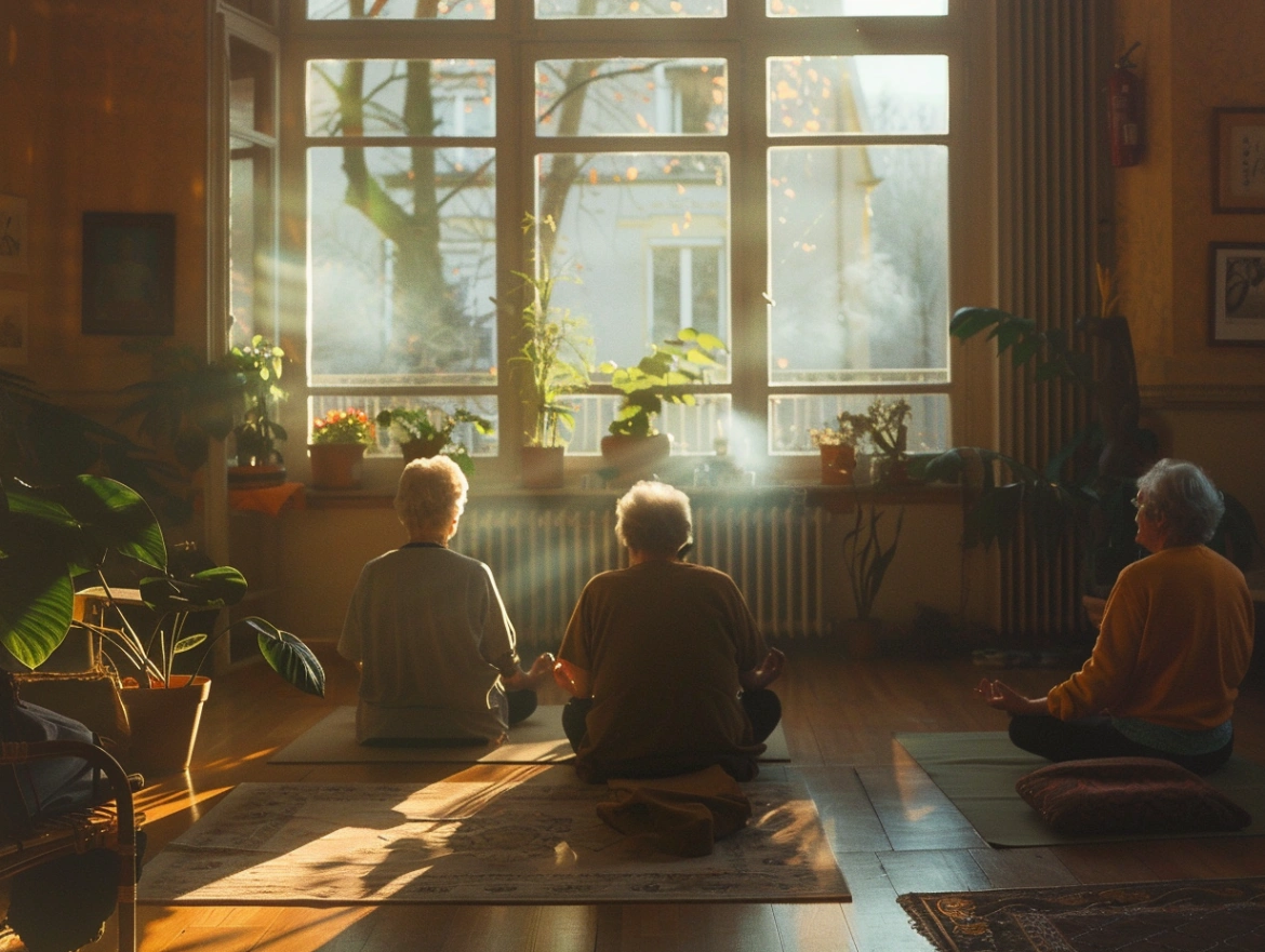 Група пенсіонерів практикує дихальні вправи