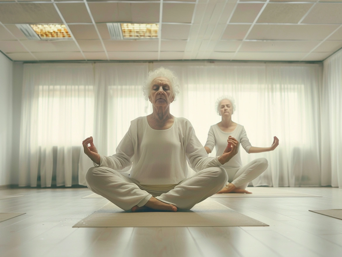 Пенсіонери виконують класичні асани в спеціально обладнаному залі