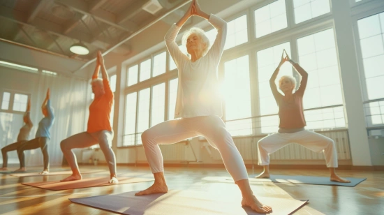 Група пенсіонерів займається йогою в світлому залі