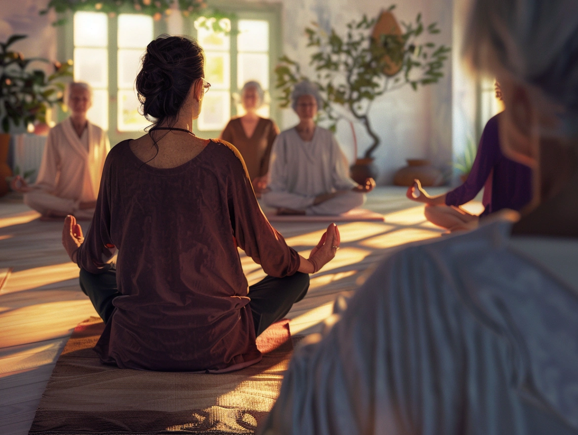 Інструктор показує м'які вправи групі пенсіонерів