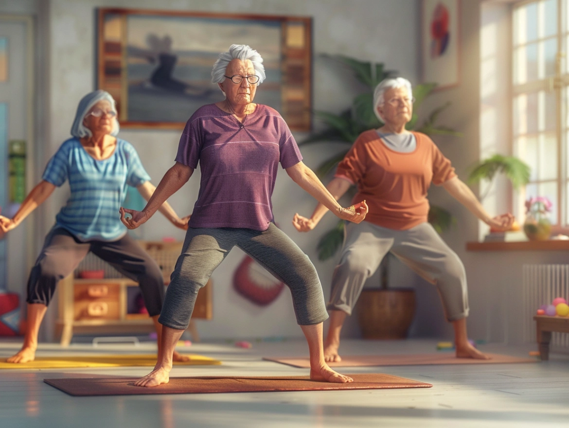 Пенсіонери виконують балансові вправи з опорою